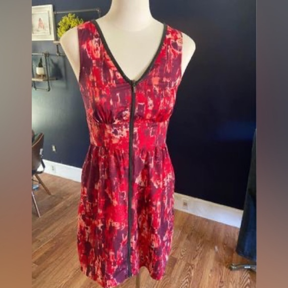 Mac + Jac Zip Front Dress Sz Small. Red Purple Abstract Print. Faux Leather Trim